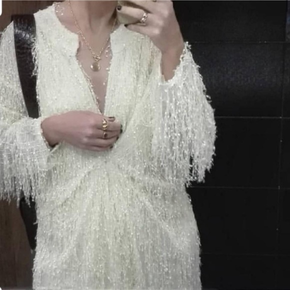 NEW Zara Ivory Textured Weave Fringe Midi Dress Size Small - Picture 3 of 3